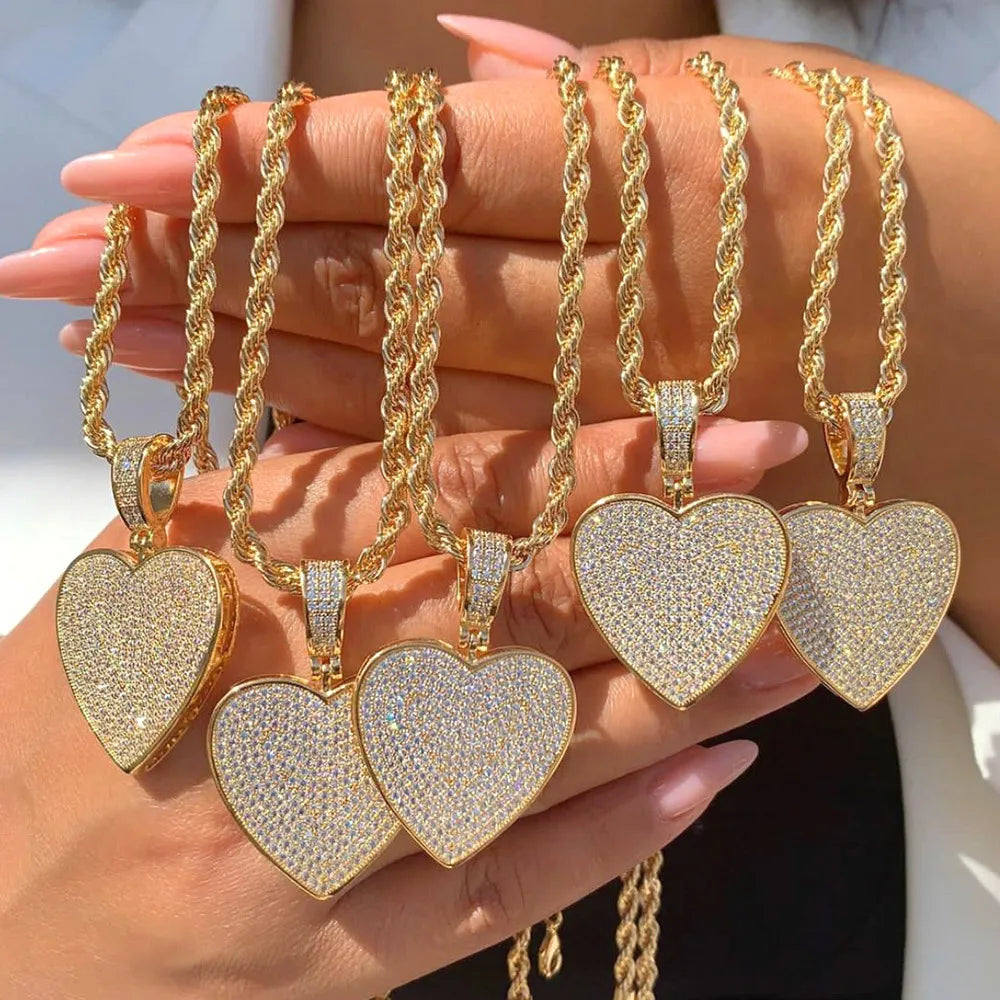 Hips Hop Jewelry Full CZ Zirconia Heart Shape Rope Chain 18k Gold Plated Heart Love Pendant Chunky Link Necklace