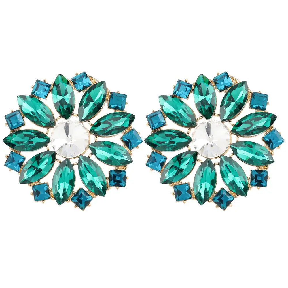 Summer New Arrival Alloy Rhinestone Gemstone Round Flower Earrings Women Super Flash Luxury Stud Earring