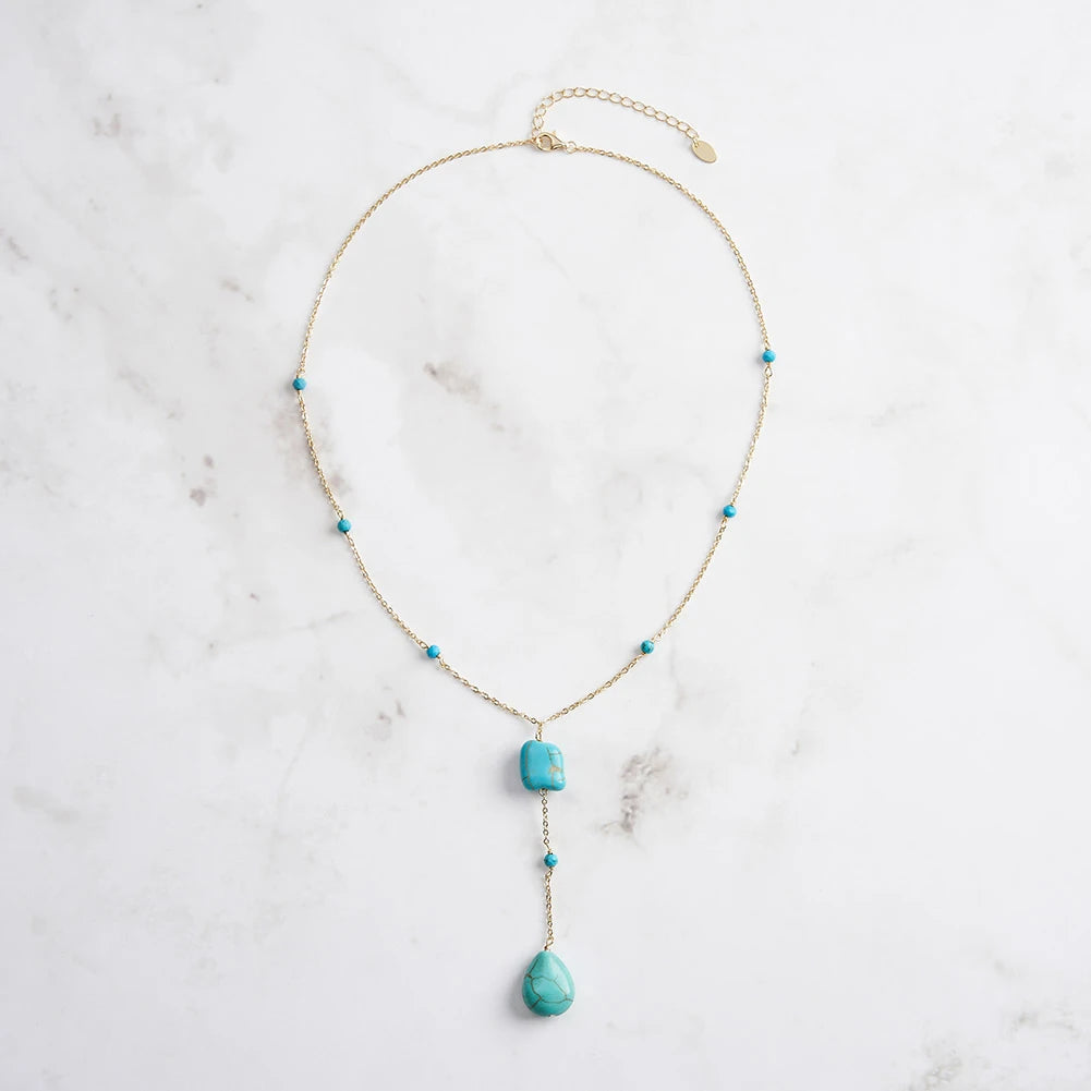 RINNTIN GMN50 Dainty 14K Gold Plated 925 Sterling Silver Natural Stone Necklace Y Shape Turquoise Pendant Necklace for Women