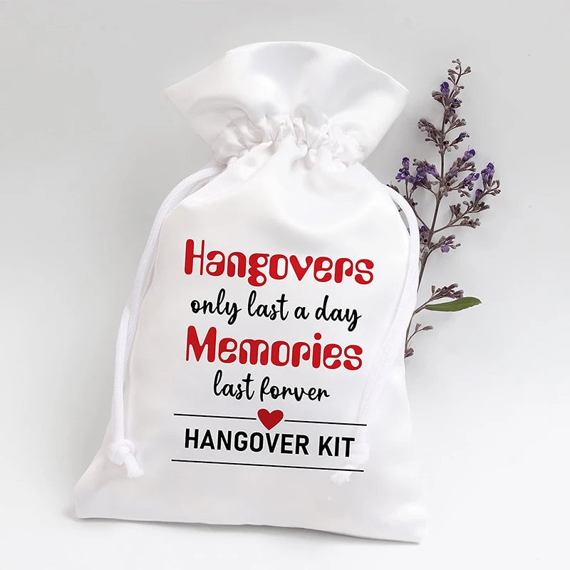 White 5 X 7 Inch Drawstring Satin Survival Hangover Kit Bags With Custom Logo