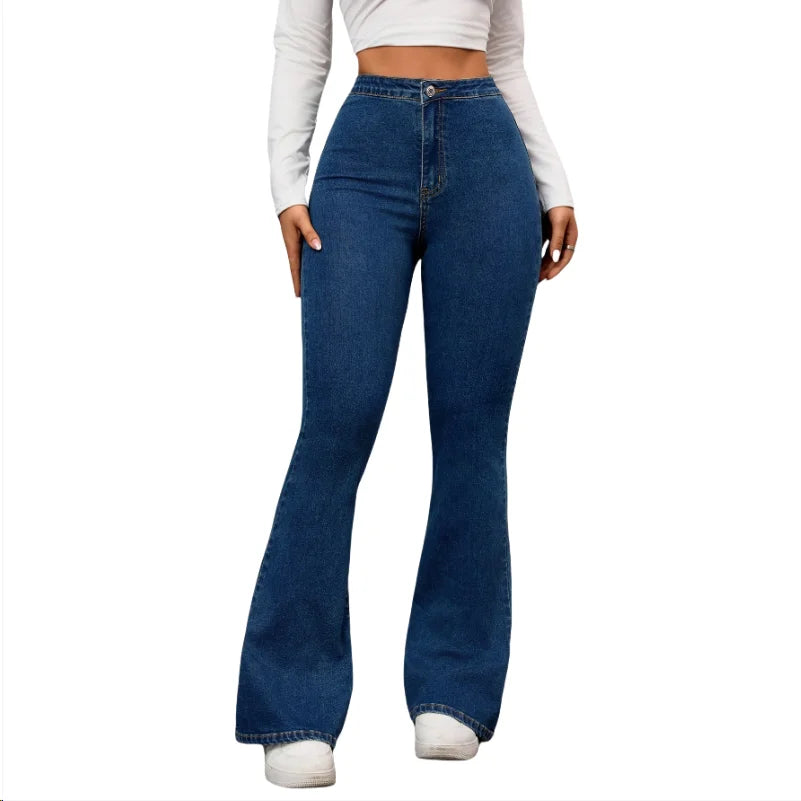 Women's Casual High-Waist Flare and Skinny Jeans Woven Denim Fabric Simple Design