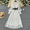 LW0775 Vintage Stand Collar Single Breasted Belt Lantern Sleeve Lace Dress Elegant Long Dresses Women Lady Elegant
