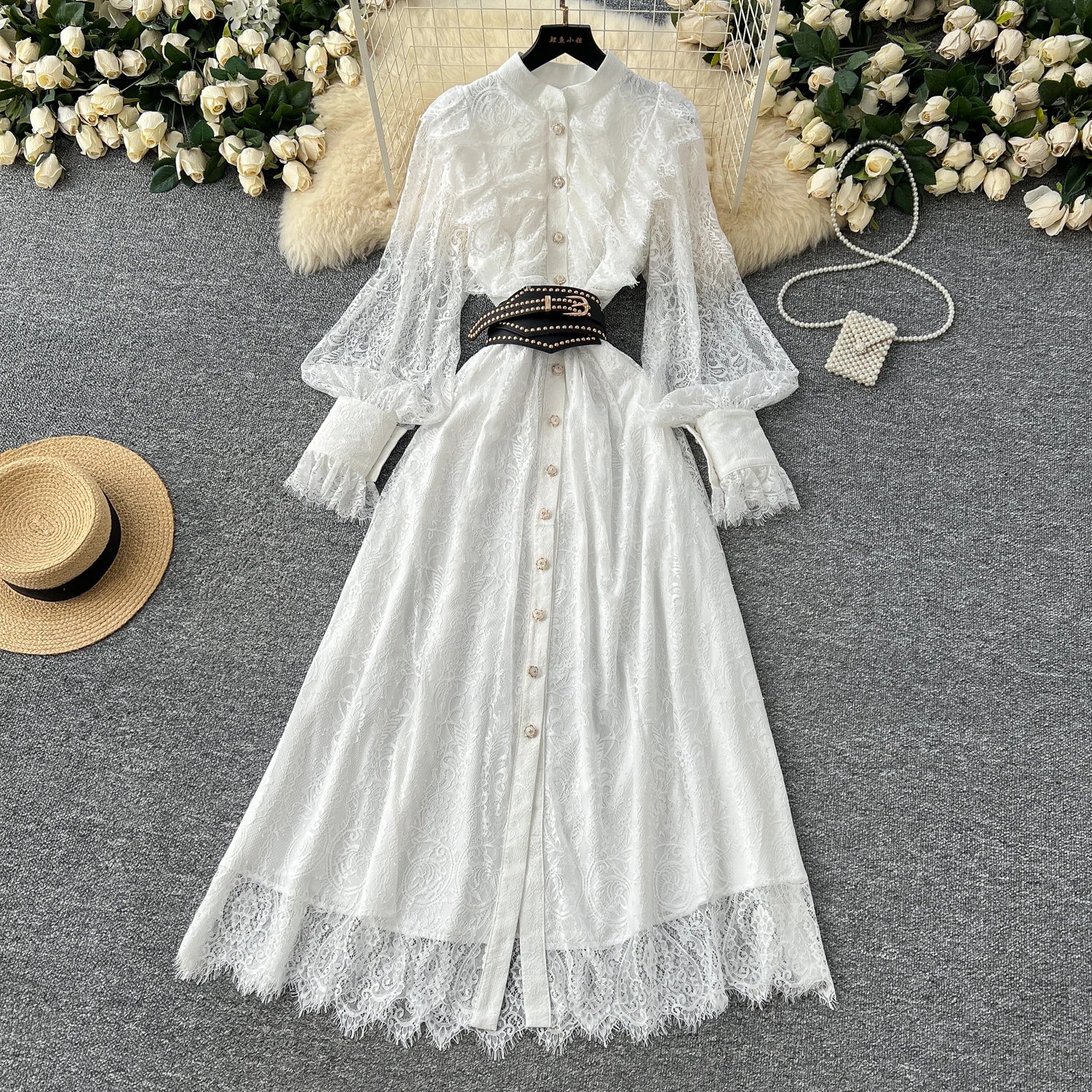 LW0775 Vintage Stand Collar Single Breasted Belt Lantern Sleeve Lace Dress Elegant Long Dresses Women Lady Elegant