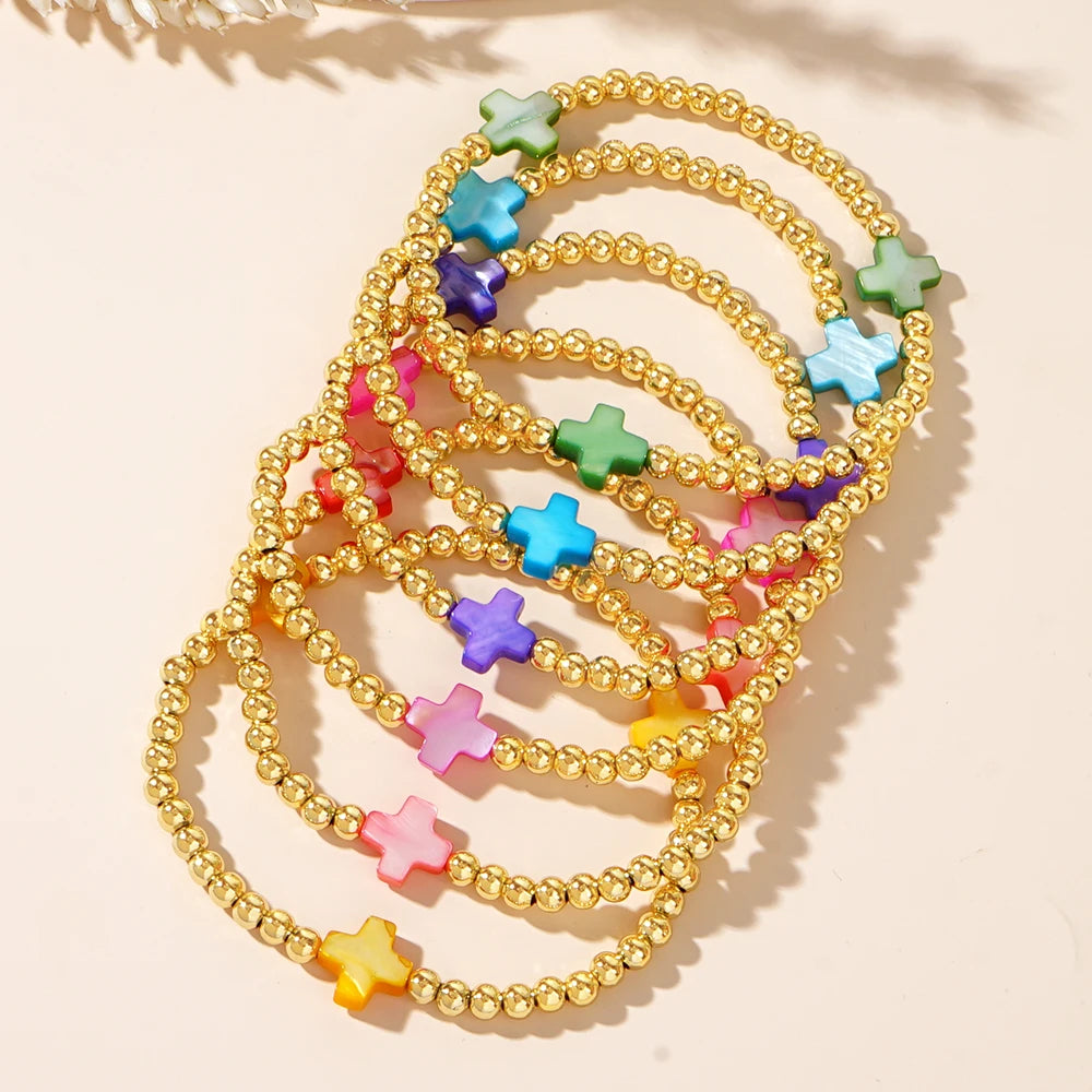 Go2boho Gold Bead Bracelet Set Rainbow Cross Stretch Fashion Jewelry Delicate 18K Gold Filled Plated Beaded Bracelets for Women