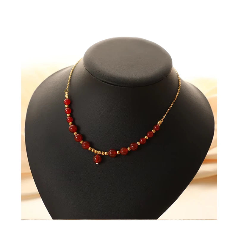 New Fashion 18k Gold Plated Stainless Steel Chain Pendent Necklace Tiger Eye Red Agate Natural Stone Beads Necklace Jewelry
