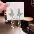 AA01374 Fashion Crystal Rhinestone Butterfly Tassel Alloy Pin Pearl Earrings Wedding Party Women