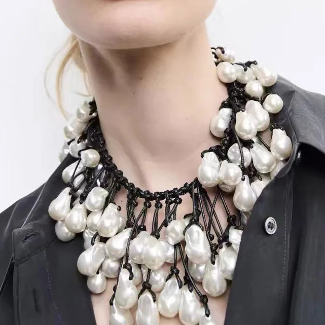2025 New Arrival Baroque Trendy Hand Woven Rope Knot Necklace Irregular Pearl Pendant Multi Layered Pearl Pendant Necklaces