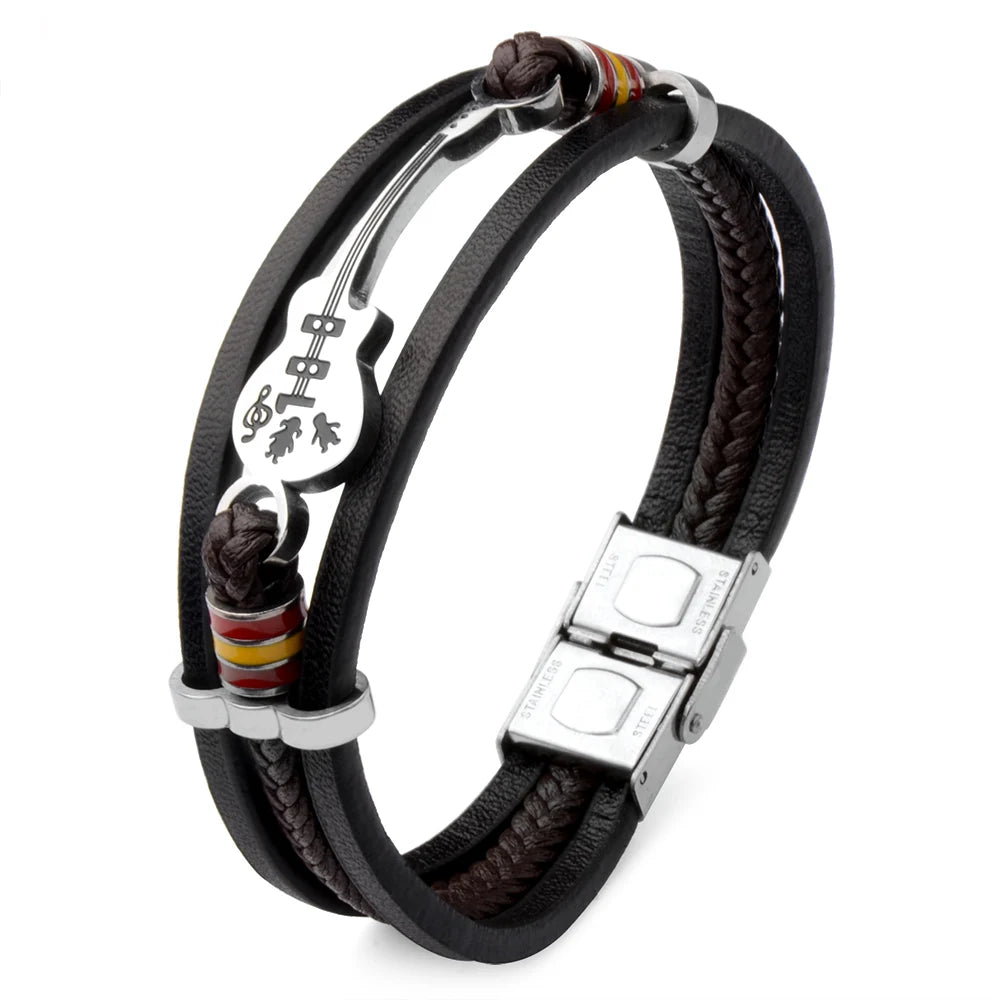 Multi-Layers Black Braided Leather Stainless Steel Guitar Violin Charm Bracelet for Party