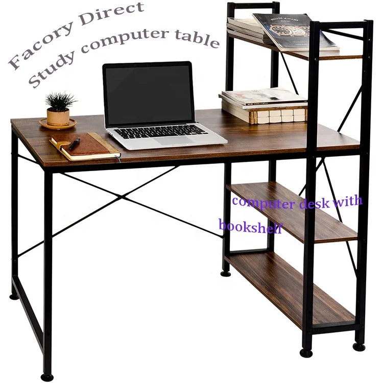 GUOGE FG-2133 Factory Direct Large Storage Capacity Steel Frame Writing Wooden Study Desk Reading Computer 4 Tier Side Bookshelf
