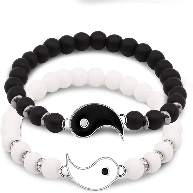 Natural Lava Stone Beaded Yinyang Charm Couple Bracelet