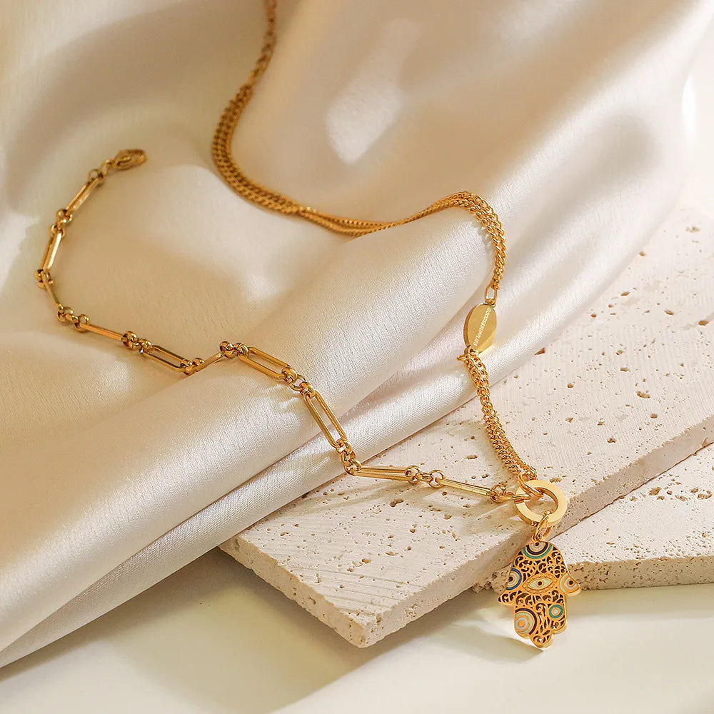 No Fade Gold Plated Mix Chains Evil Eyes Palm Necklace Stainless Steel Dripping Oil Palm Pendant Necklace