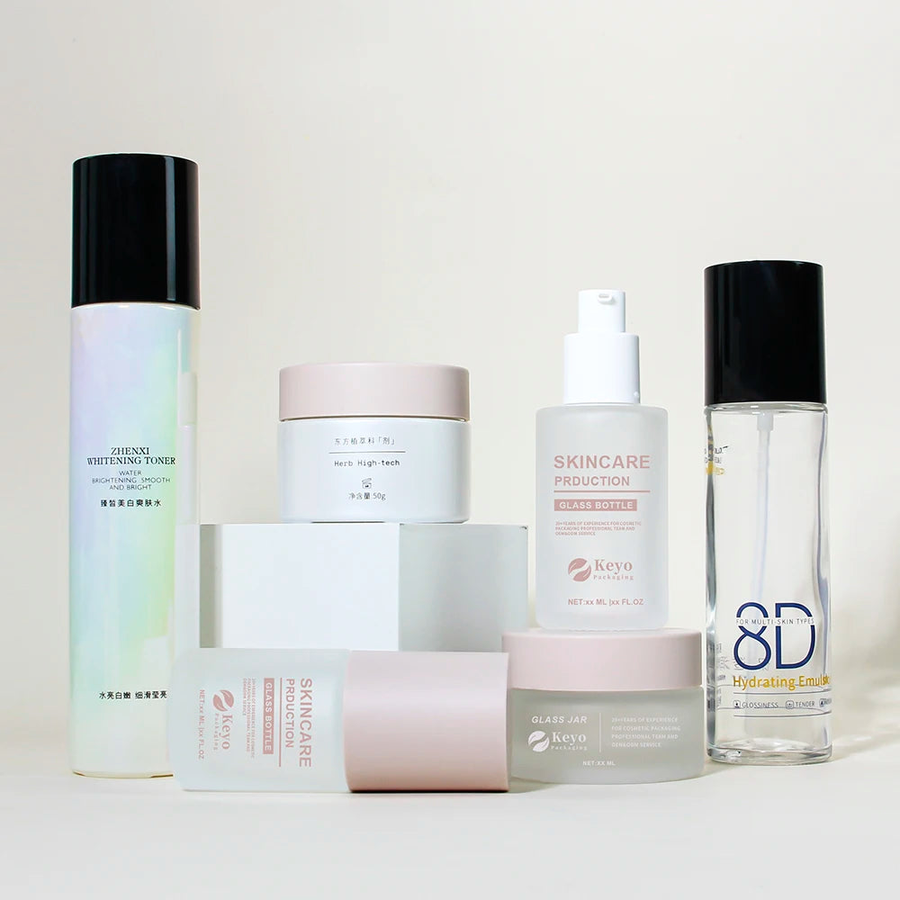 Custom 30g 50g 30ml 50ml 100ml 120ml Empty Square Glass Set Packaging Skin Care Bottle Face Cream Jars Cosmetic Packaging Set