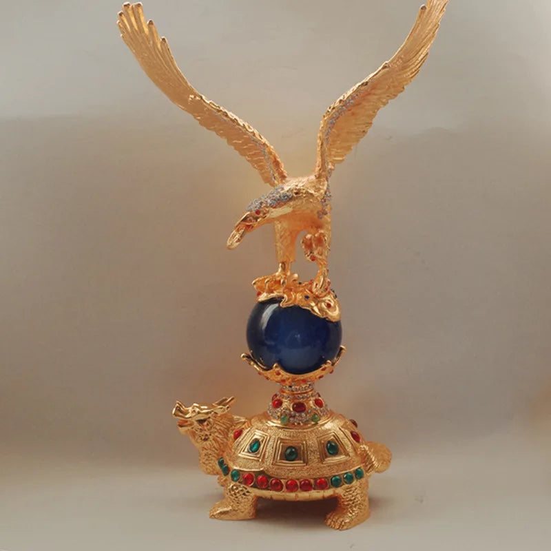Free Shipping Metal Craft Decoration Big Size Gold Eagle Tortoise Sculpture with Diamond