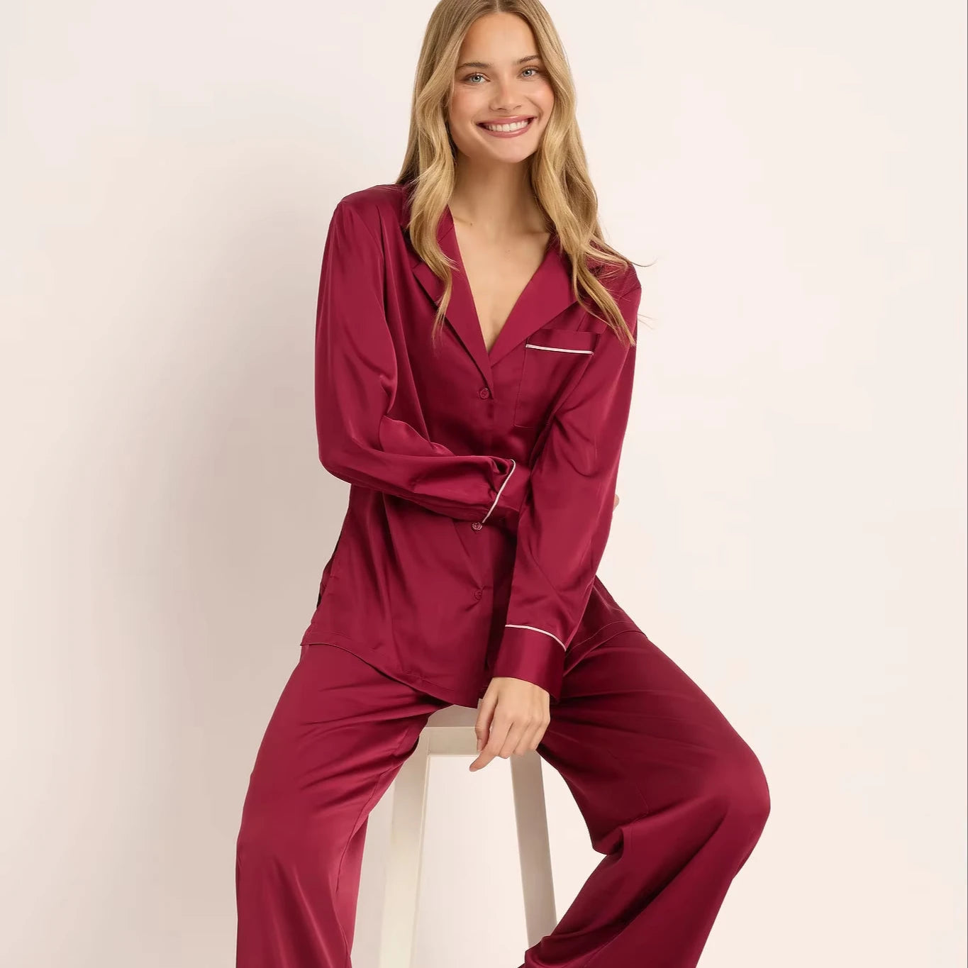 Family Silk Pajamas New Fashion Stain High Quality Pink Pajamas Silk Pajamas