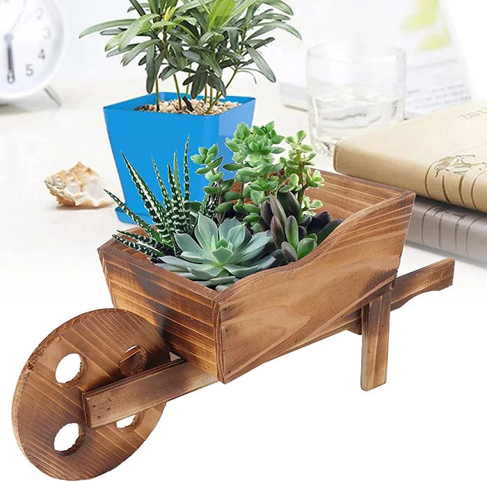 Hot Sale Glazed Wood Wheelbarrow Planter Flower Pot Stand Plant Pot Cart Holder Figurine for Home Garden Outdoor Decor