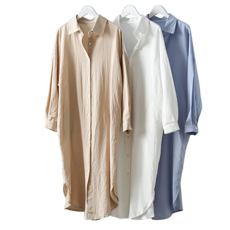 Women Long Shirts Solid Color Cotton Cardigan Long Sleeve Button Loose Korean Sunscreen Lady Girls Tops Casual Shirt