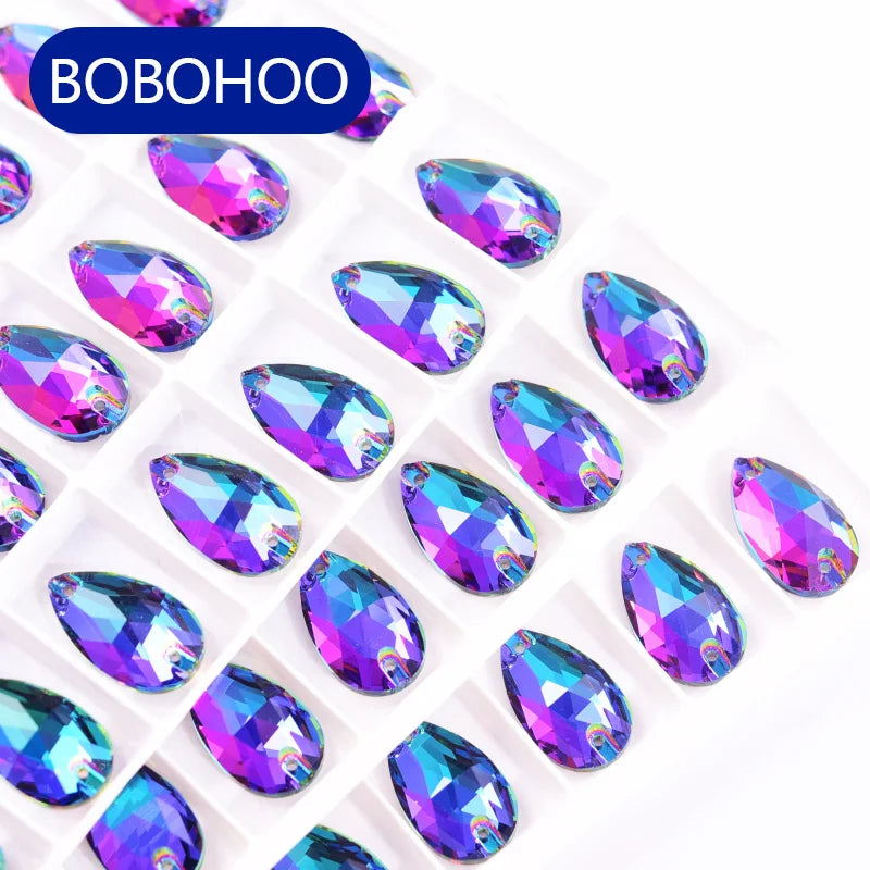 BOBOHOO Factory Top Quality Teardrop 5A Bevel Glass Droplet Crystal Ab Sew on Rhinestones for Dresses