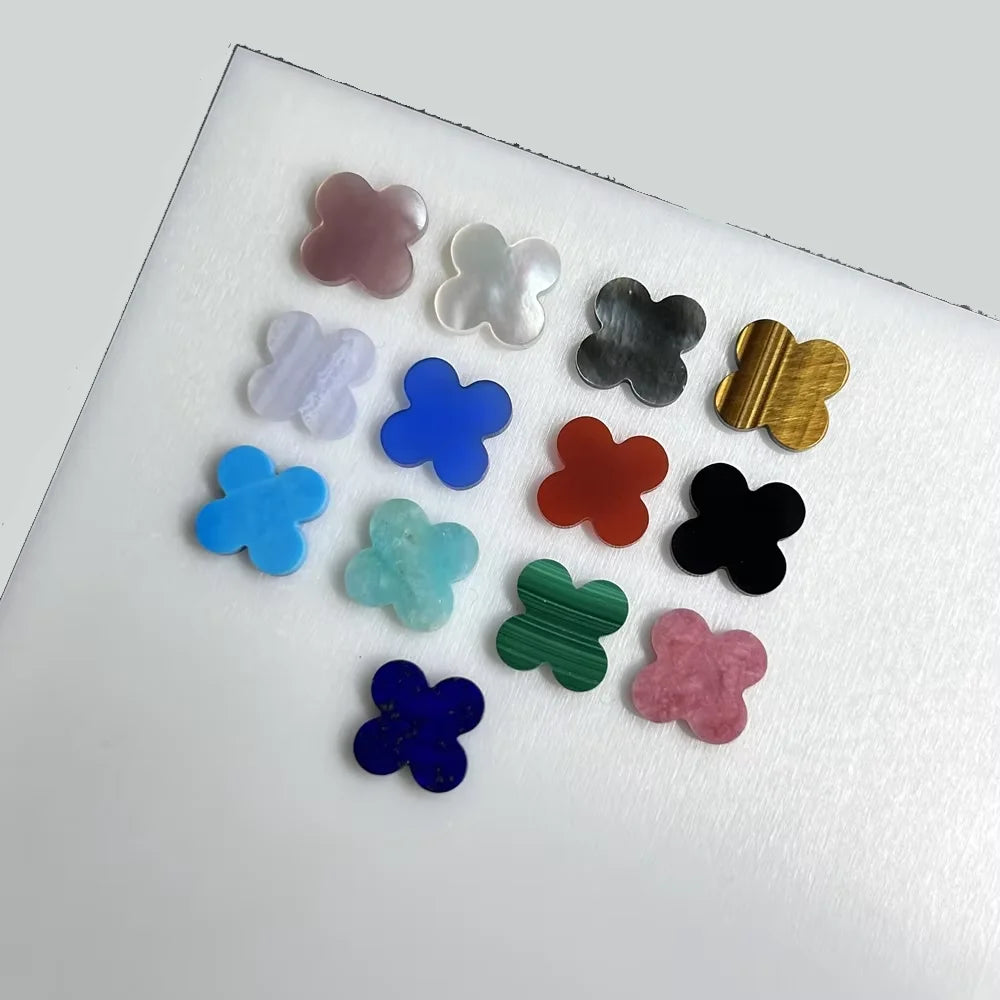 HQ Gems Four Leaf Clover 13x13x2mm Natural Green Malachite Tiger Eye Pink White MOP Red Blue Agate Black Onxy Shell