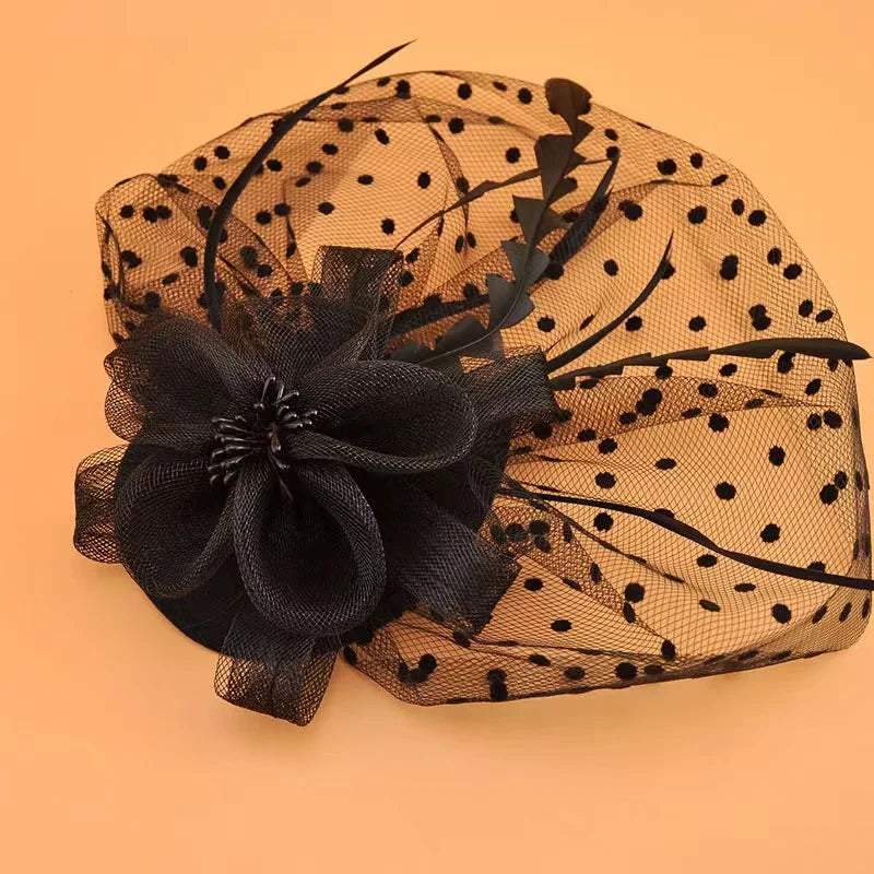 2022 Black Bridal Headflower Top Hat Woman Retro Feather Veil Hair Accessories Night Headdress Gattara Feather Flower Hairpin