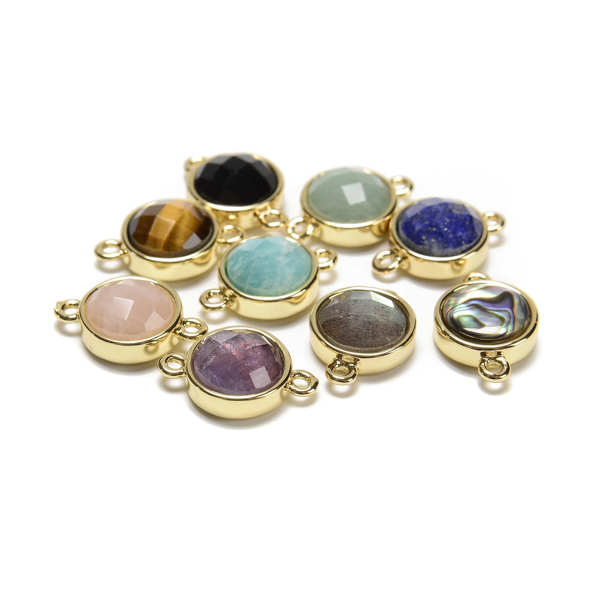 Aventurine Obsidian Lapis Amazonite Labradorite Rose Quartz Amethyst Abalone Round Connector Pendant Charm for Jewelry Making
