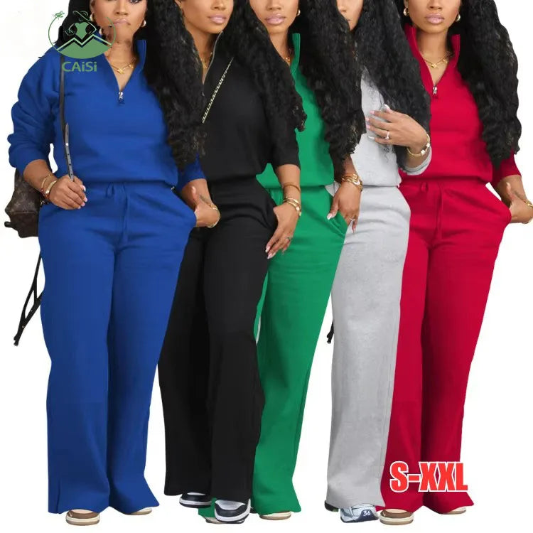 Custom Half Zipper Sweatshirt and Sweatpants Set Solid Color 2 Piece Jogger Set Fleece Women Tracksuits Two Piece Pants Sets