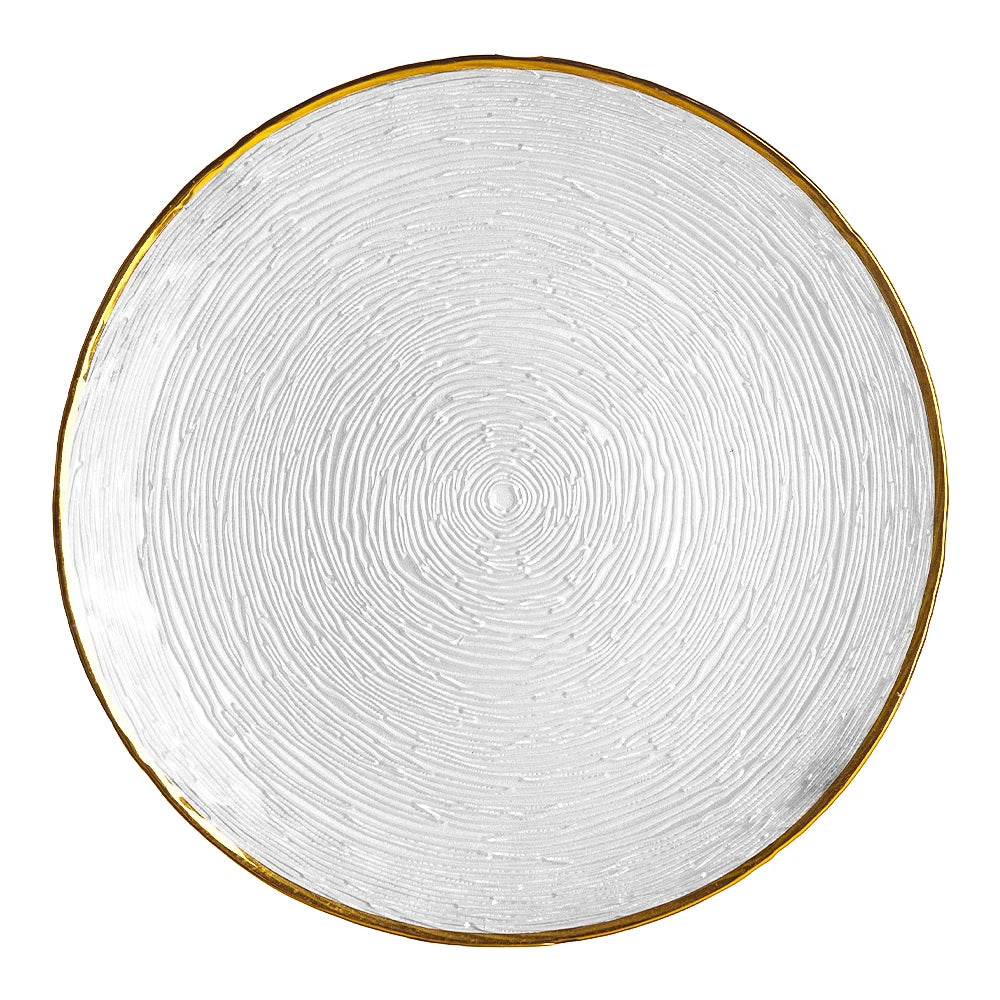 Eco-Friendly Bulk Blue White Glass Charger Plates with Golden Rim Tableware for Wedding Parties Underplates
