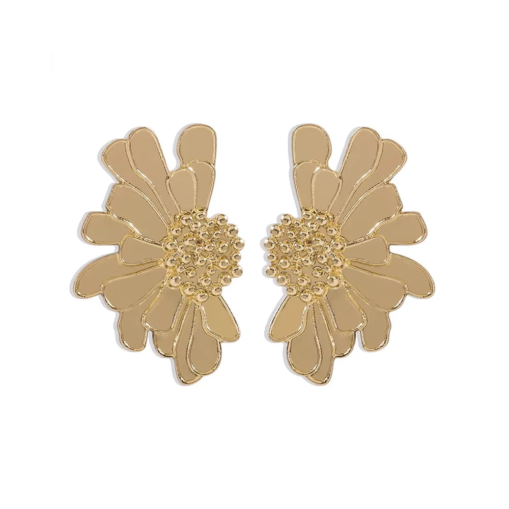 RisingMoon Exaggerated Geometric Gold Plated Half Flower Shaped Earrings Big Metal Gold Flower Stud Earrings