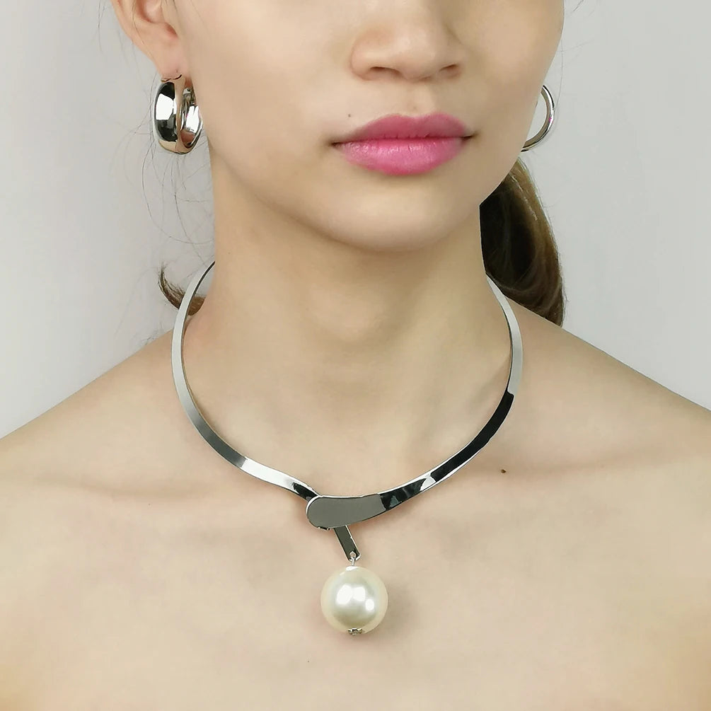 Gold Plated Fashion African Wedding Jewelry Set for Women Statement Pearls Beads Choker Necklace Punk Hoop Earrings Bridal Sets