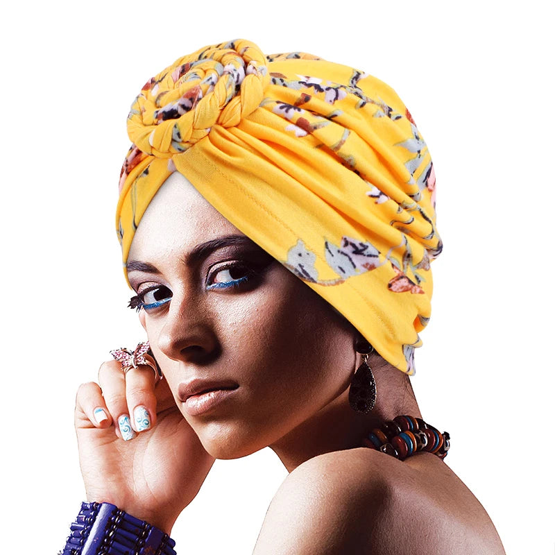GTOP Wholesale Custom Logo Knot Braided Turbans Headwraps Flower Pattern Head Wrap African Prints Turban Hat for Women