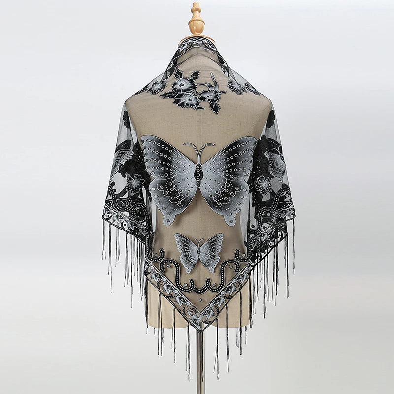 New Arrival Poncho Women Summer Scarf Embroidered Butterfly Shawl Triangle Polyester Lace Tassel Hijab