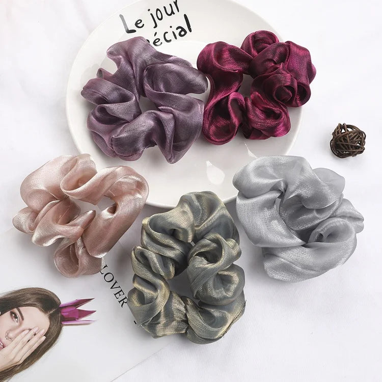 MIO Soft and Thin Glimmer Satin Plain Colors Satin Elastic Hairband  Organza Hair Scrunchies for Women Girls Hair Decoration