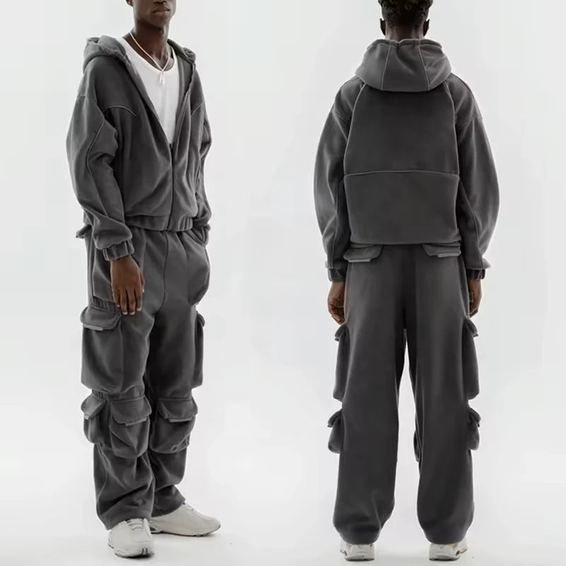 Custom Embroidery Logo Training Jogging Cargo Sweat Fleece Sweatpants and Hoodie Set Tracksuits for Men