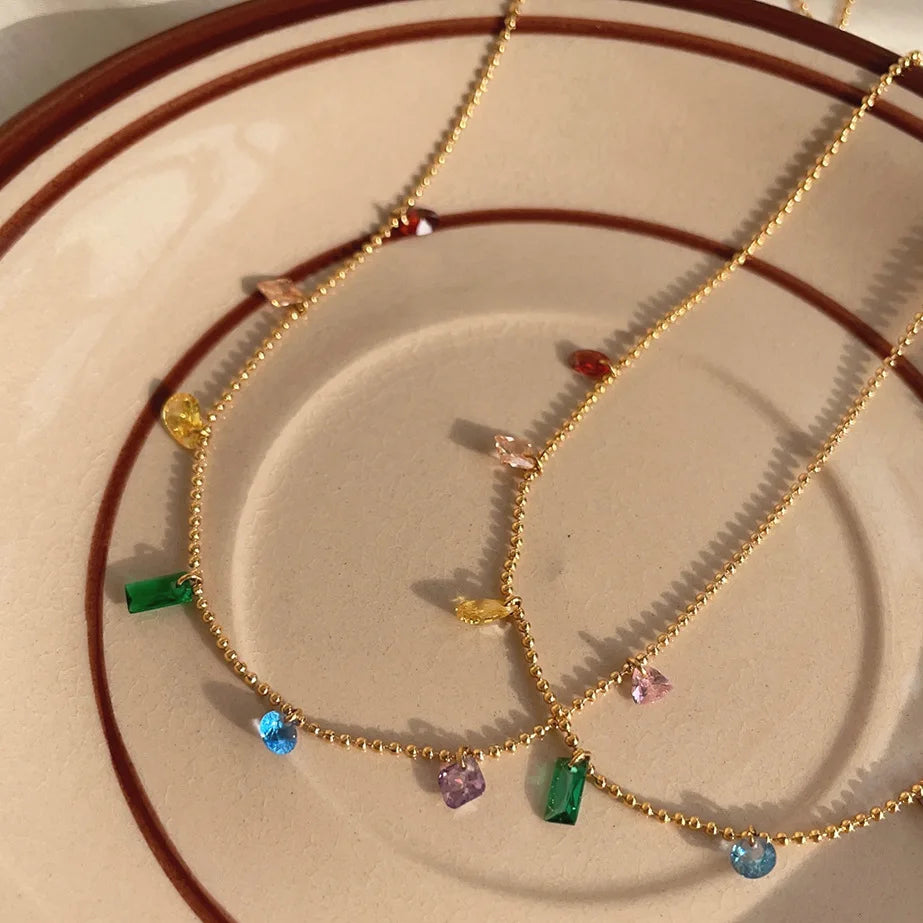 Wholesale Colorful Gem Crystal Necklace Titanium Steel Beads Chain Necklace 18k Gold Zircon Necklace for Women