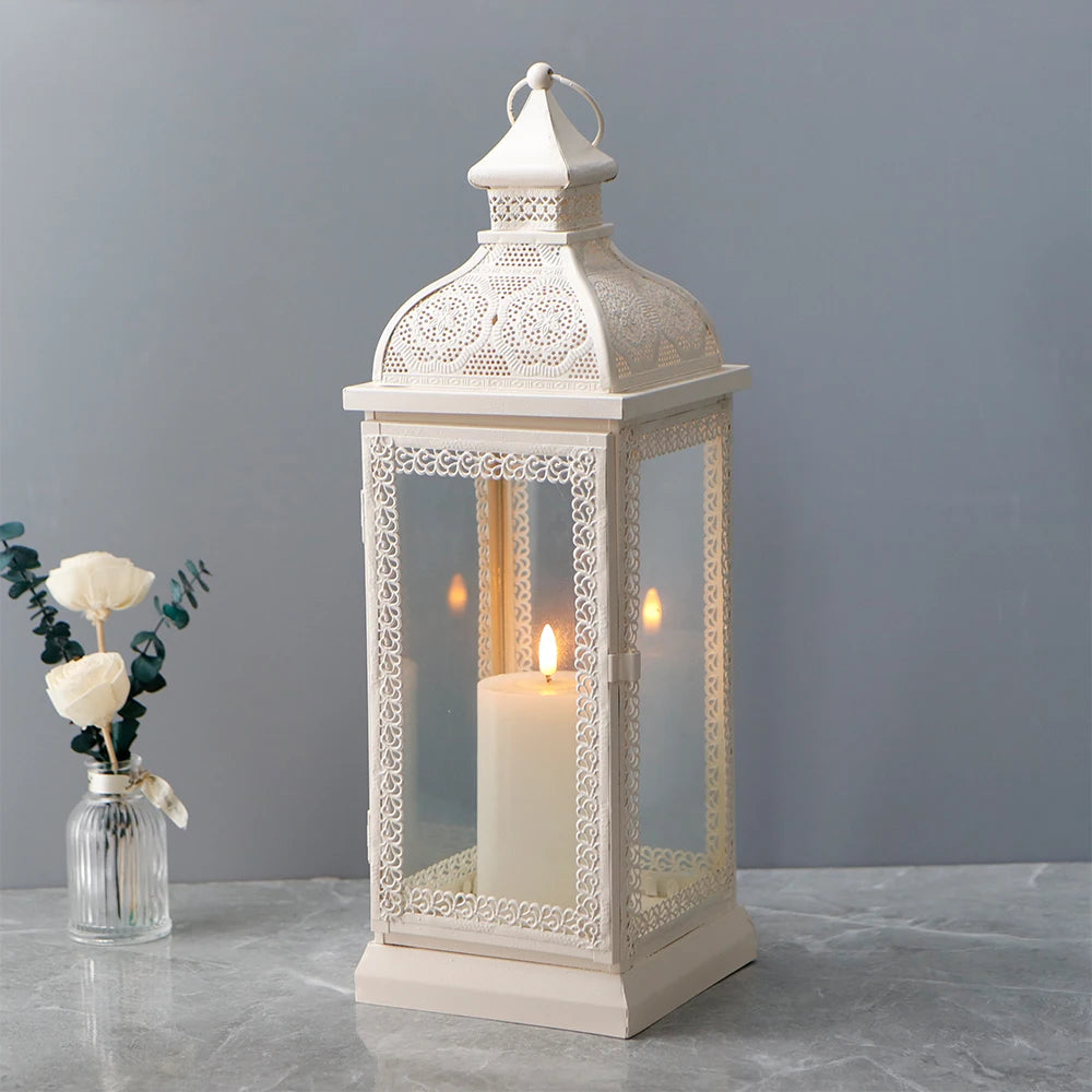 Rustic Style White Metal Candle Lantern Large Decorative Candlestick Holder with Tempered Glass for Home Decor