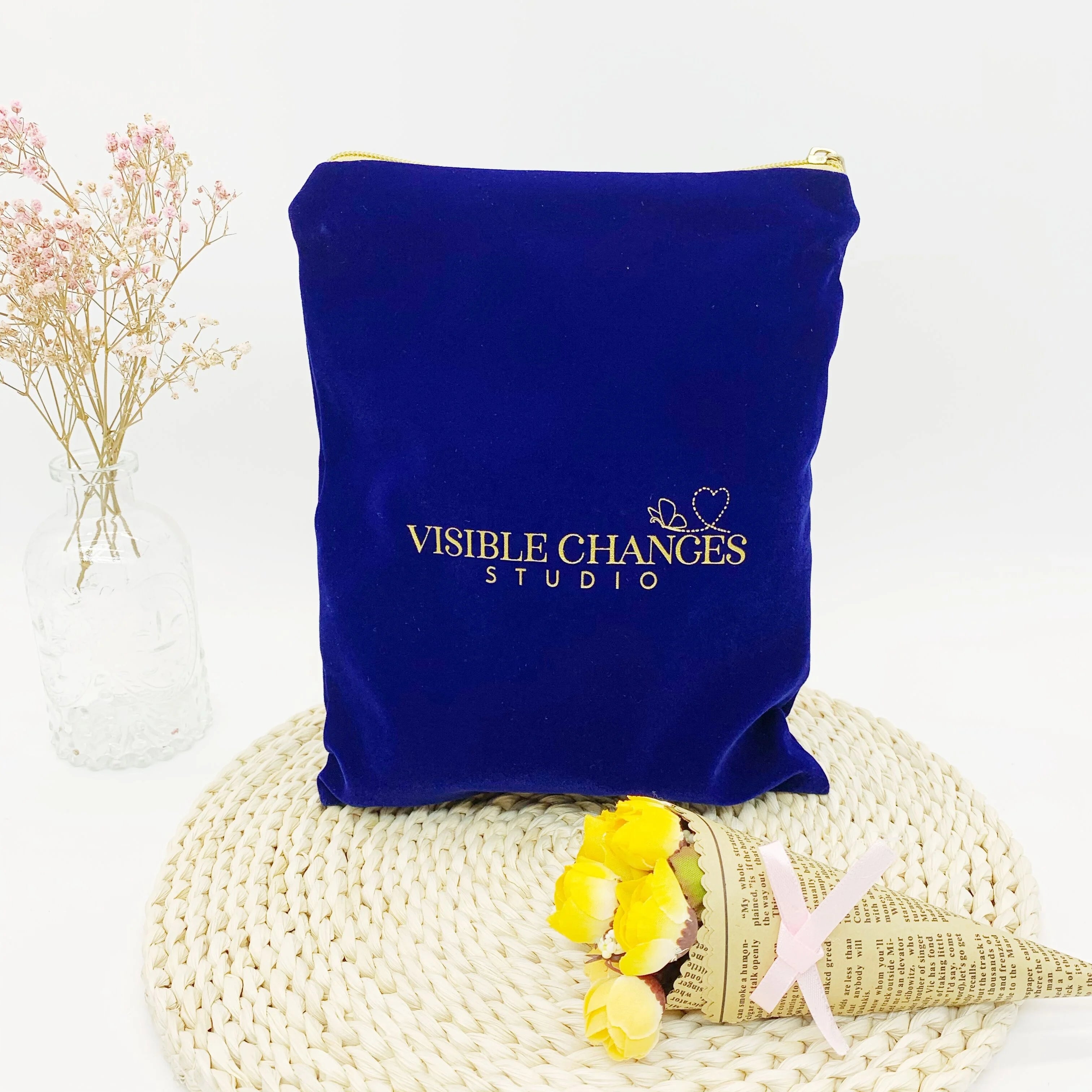 Custom Logo Print 20x35cm Dark Blue Velvet Cosmetic Bags With Gold Zipper Satin Lining Pouch Zipper Velvet