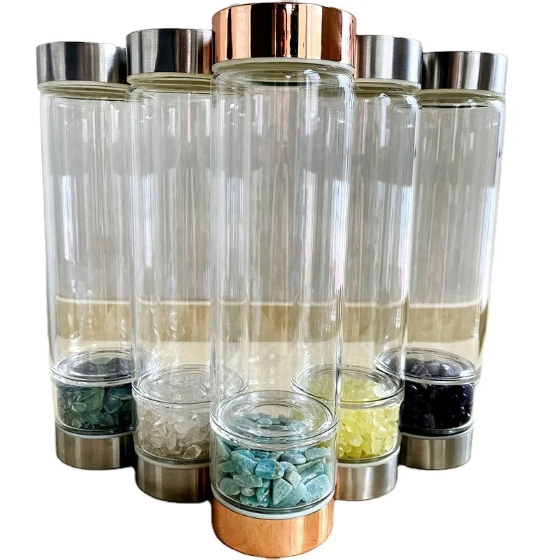 Wholesale Natural Water Bottles With Crystal Gravel Stone Crystal Glass Water Bottles for Healing Gift