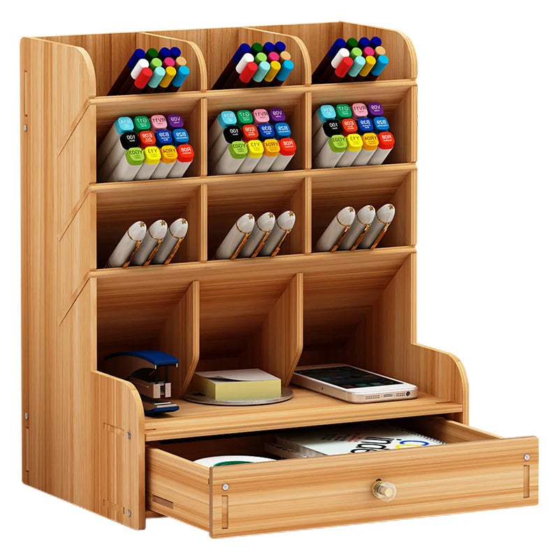 Desktop Stationary Home Office Supply Desktop Storage Rack Wooden Desk Organizer Multi-Functional DIY Pen Holder Box