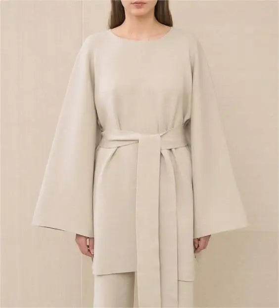 2026 Manufacturer Custom Ladies Luxury Knitted Oversized Women Cotton Crew Neck Robe Loungewear Sweater With Belt