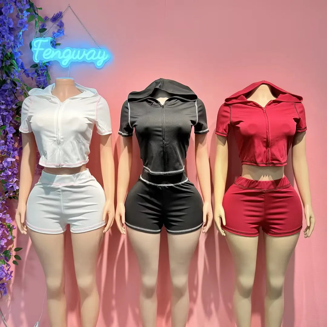 Custom Logo 2026 Summer Sweat Women Zipper Biker Short Set Crop Top Hoodie Short Set 2 Piece Jogger Two Piece Set Women Clothing