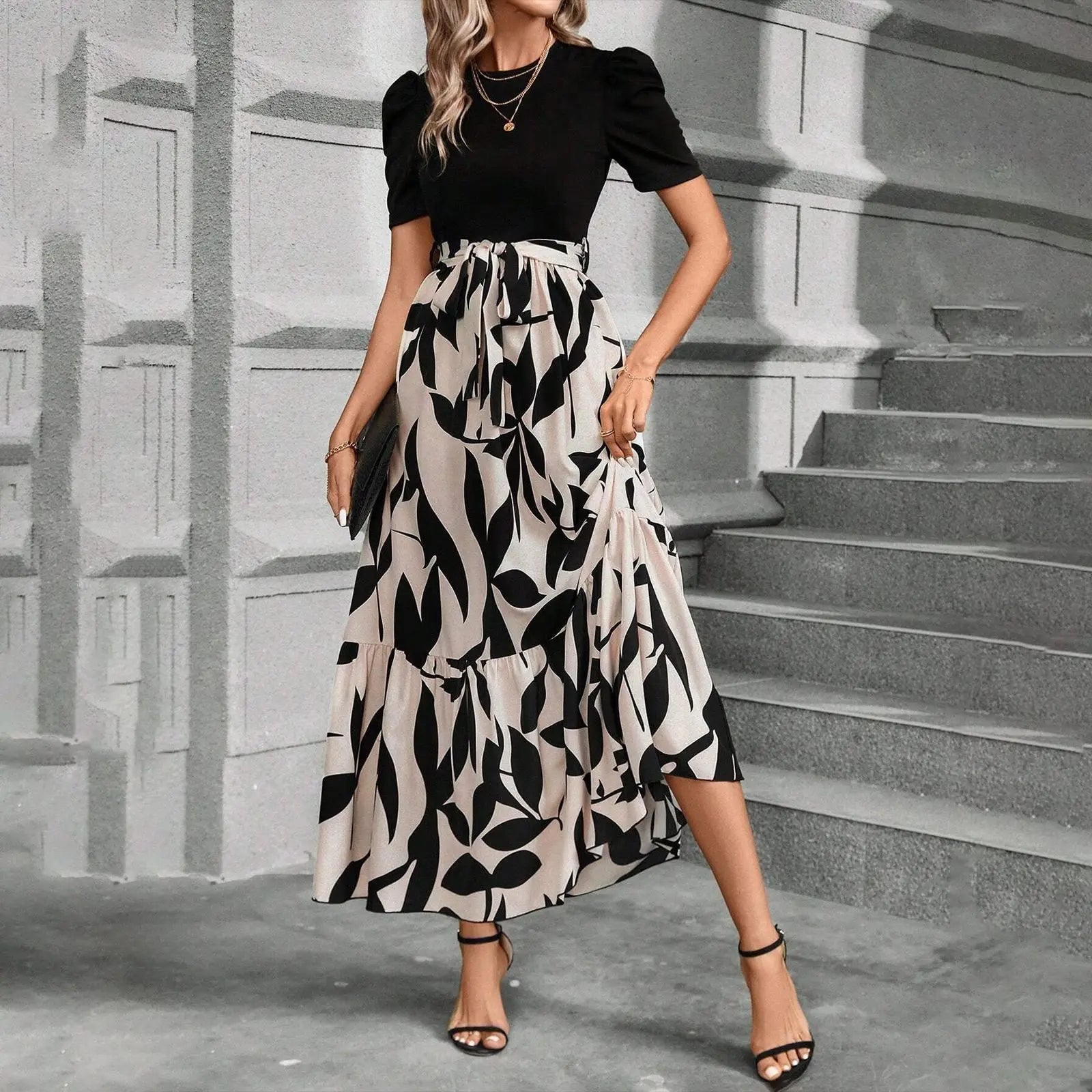2025 Summer European and American Women's Flower Printed Dresses High Waist Fashion Elegant Temperament Short Sleeve Dress
