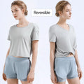 New Design Ladies Short Sleeve T Shirt Irregular Hem Reversible Sports T-shirt Women Loose V-neck Yoga T-shirt for Workout