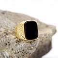 A3388 Men's/Women Classic Bezel Setting 18K Gold Plated Stainless Steel Agate Gemstone Ring with Vintage Style