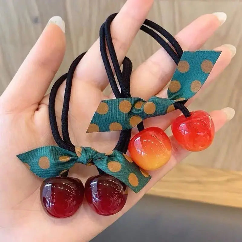 Women's Summer Cherry Fruits Elastic Hair Bands Factory Wholesale Bow Knot Hair Rope Ponytail Holder Rubber Hair Accessories