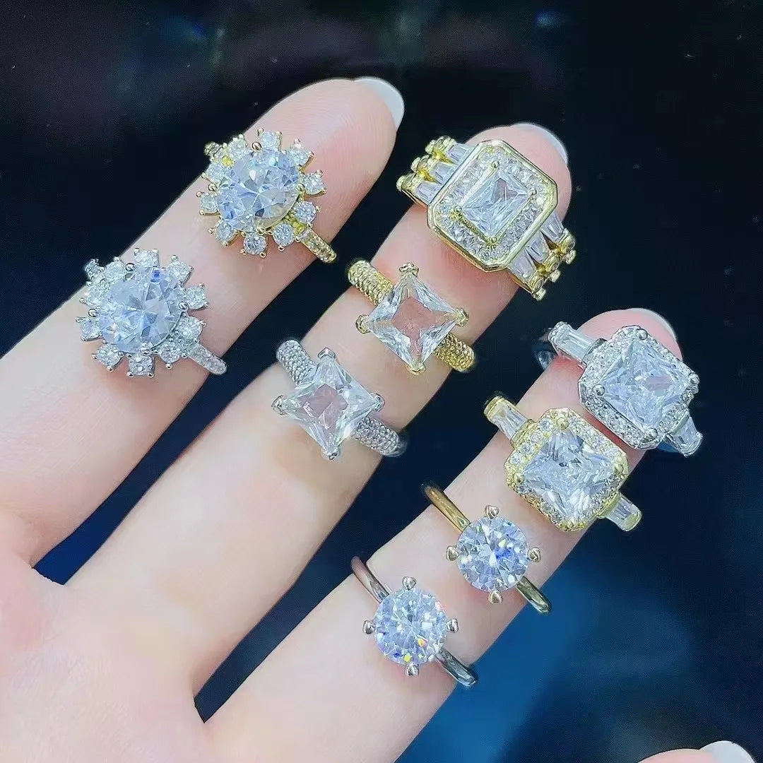 RM1564 Fashion CZ Paved 18k Gold Plated Rings Bling Cubic Zirconia CZ Micro Pave Square Solitaire Rings  for Ladies