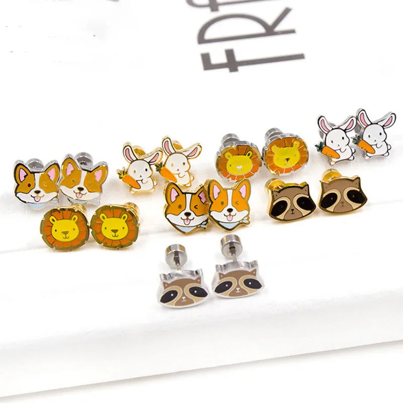 Screw Back Nickel Free Gold Plated Stainless Steel Lovely Cute Enamel Animal Lion Crab Children Kids Baby Stud Earrings