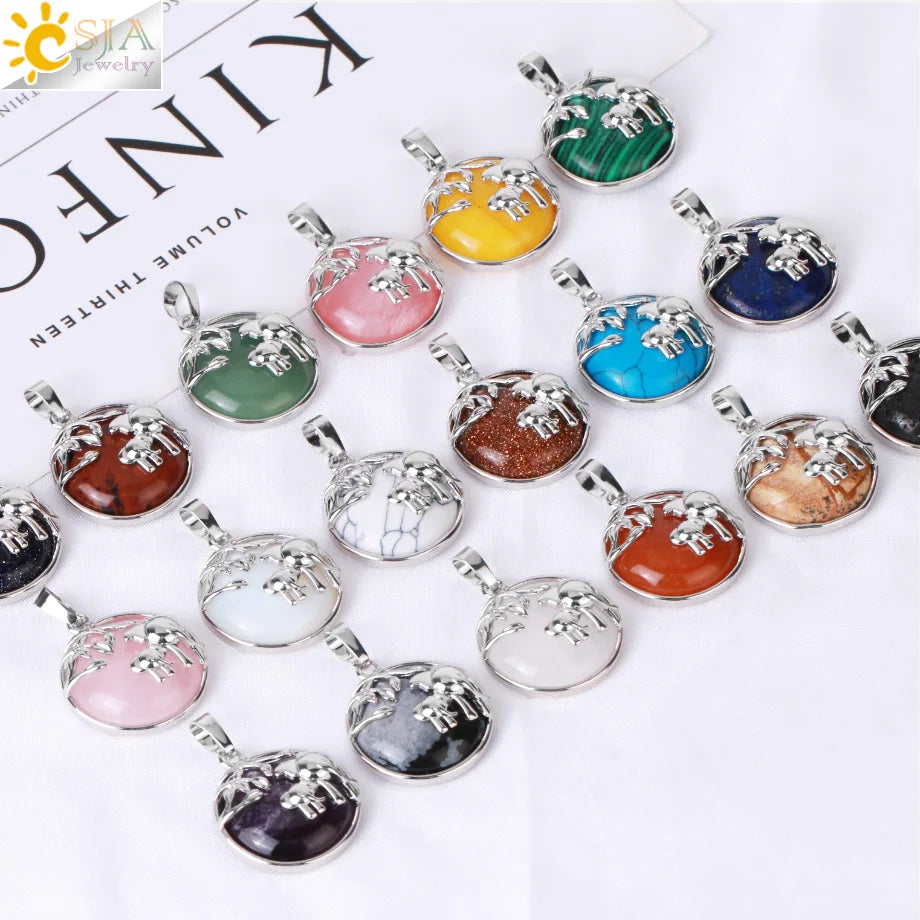 CSJA Wholesale Cute Animal Elephant Crystal Pendant Reiki Healing Natural Stone Jewelry Charm Necklace for Women H018
