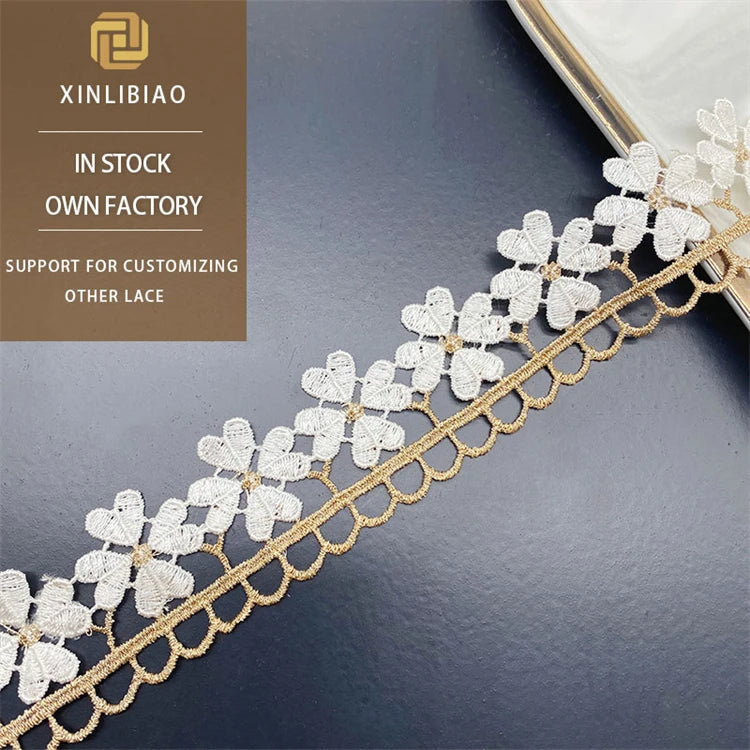 Golden Yellow and White Gold Lace Fabric with Embroidered Water-Soluble Gold Line for Garment Decoration for Dresses Clothing