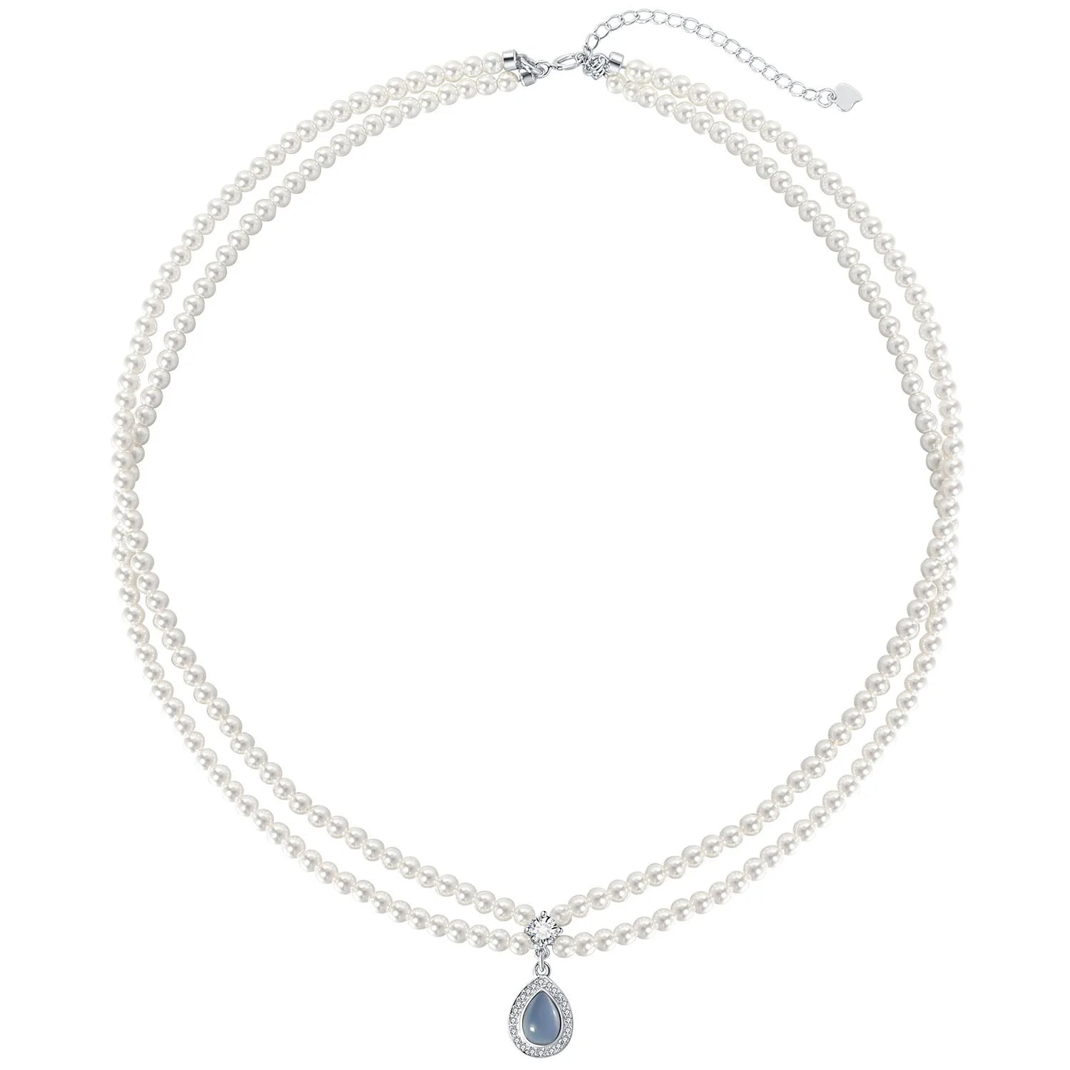 Original Design Premium Double Stacked S925 Silver Drop Aquamarine Pendant 3mm Bright White Pearl Necklace Mom Jewelry Gift