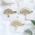 Chinese Style Fancy Hair Accessories for Girls Women Fan Shape Pearl Hair Pin Rhinestone Hair Clips