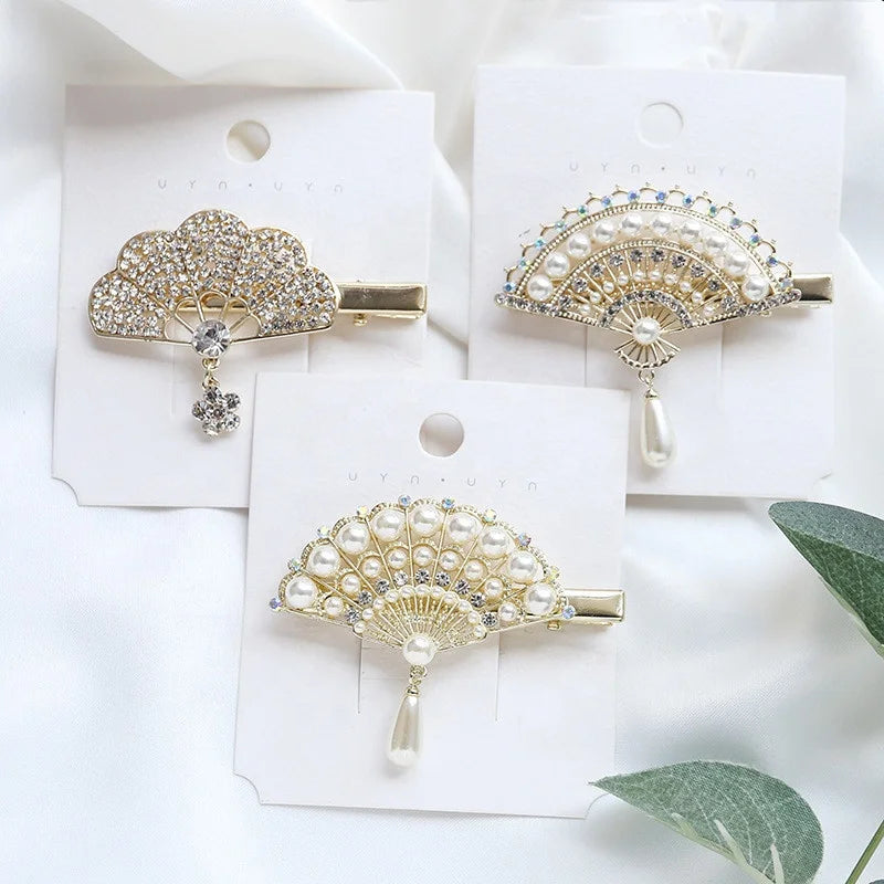 Chinese Style Fancy Hair Accessories for Girls Women Fan Shape Pearl Hair Pin Rhinestone Hair Clips